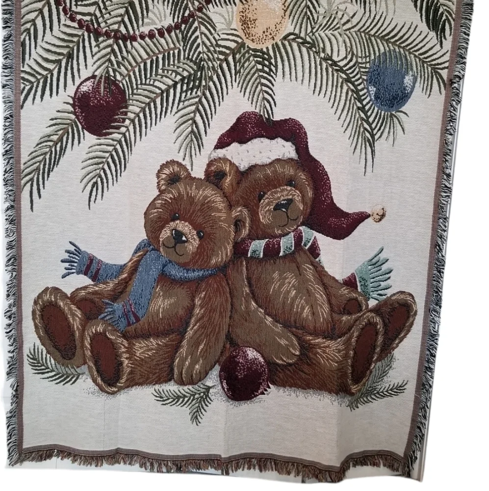 Teddy bears brown, green, cream holiday cotton woven tapestry afghan throw
